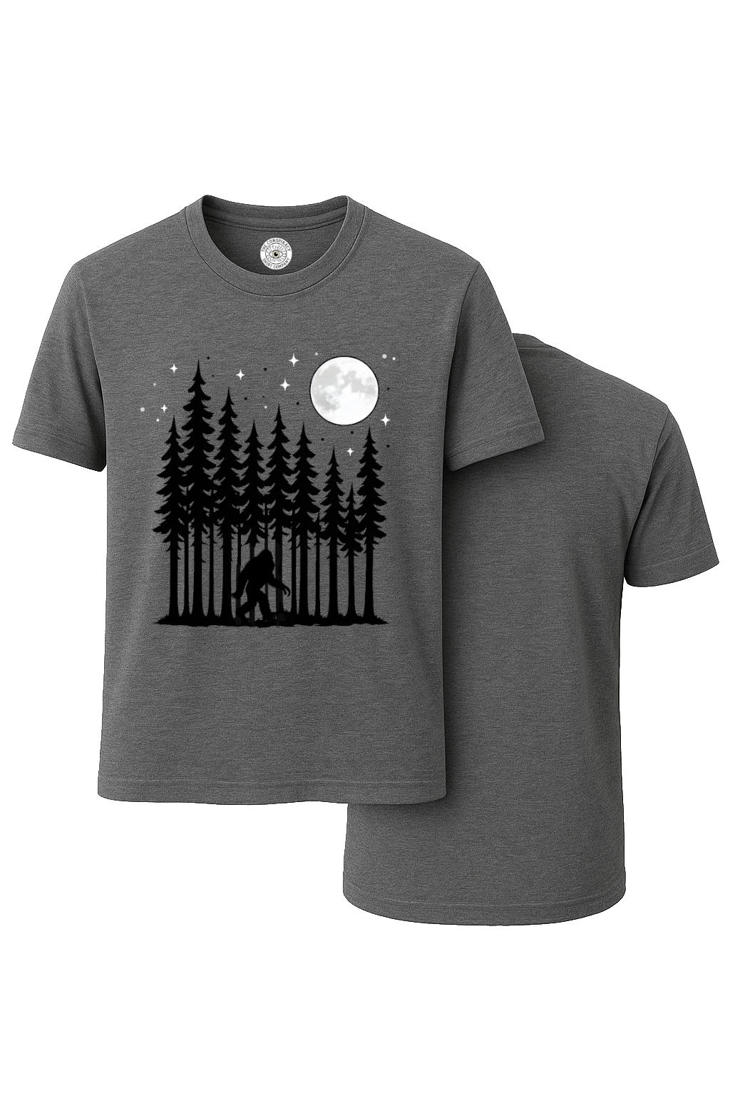 Bigfoot on a Moonlit Walk in the Woods T-Shirt (Black)